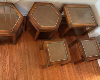 Set of glass top living room tables, 2 hexagonal 22 1/2”d x 20”h, 2 square 17 1/2” x 15”h, 1 rectangular 26 1/2”w x 20 1/2”d x 20”h