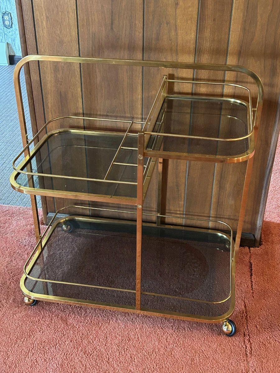 Vintage Milo Baughman Brass & Smoked Glass Bar Cart