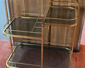 Vintage Milo Baughman Brass & Smoked Glass Bar Cart