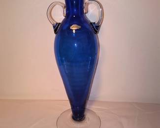 Blenko art glass double handle vase 