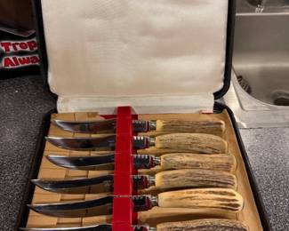 6-Piece Vintage Sheffield Stainless Steel Steak Knife Set featuring genuine natural stag/antler horn handles.