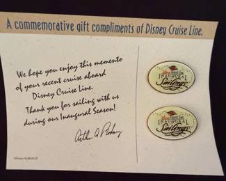 1998 Disney Cruise Line Inaugural Sailings Commemorative Gift Card featuring two official cloisonné enamel lapel pins