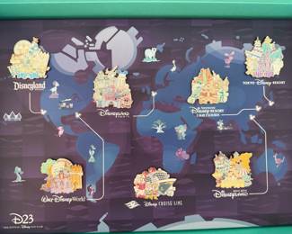 100% Complete 2022 D23 Gold Member Suitcase Set - Includes World Map, 8 Premium Pins, Metal Luggage Tag & Guidebook