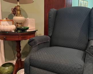 Green Recliner, Round Table, Lamp