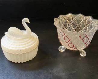 Pair of Decorative Glass Covered Dishes with Swan  Diamond Patterns