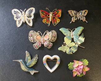 Butterfly, Hummingbird, and Floral Brooches