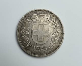 1954 B Switzerland 5 Francs Silver Coin