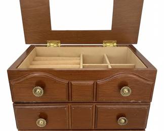 Vintage Wooden Jewelry Chest with Drawers and Mirror