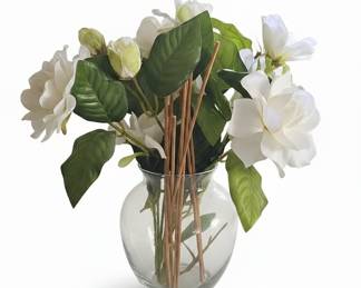 Artificial Gardenia Floral Arrangement in Round Glass Vase