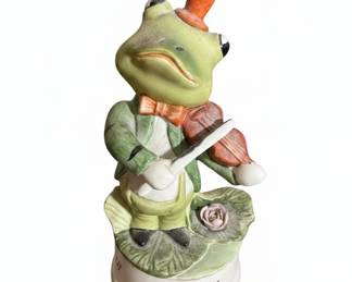 Vintage Ceramic Frog Violinist Music Box