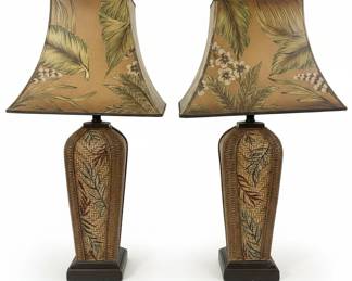Tommy Bahama Style Rattan Table Lamps with Palm Leaf Shades
