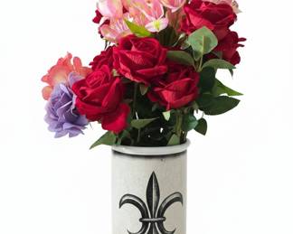 Fleur-de-Lis Decorative Ceramic Vase with Faux Floral Arrangement