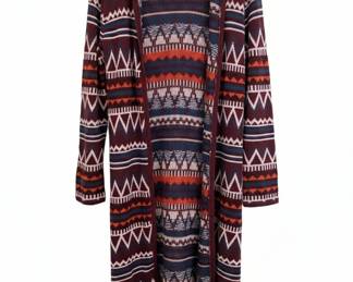 Aztec Print Hooded Duster Cardigan with Fringe