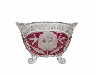 Vintage Anna Hutte Bleikristall Cranberry Cut-to-Clear Footed Bowl