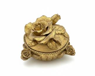 Vintage Ornate Gold-Tone Rose Trinket Box with Three Feet