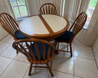 Vintage Oak and TileTop Pedestal Dining Set with SpindleBack Chairs