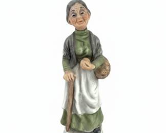Vintage Porcelain Elderly Woman Figurine with Basket and Cane