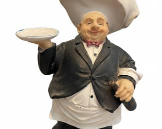 Whimsical Resin Chef Statue with Tray and Wine Bottle