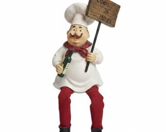 Whimsical Chef Shelf Sitter Figurine Holding Wine Bottle and 'Open 24 Hours' Sign