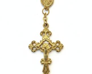 Vintage Ornate Gold-Tone INRI Crucifix Pendant with Devotional Medal