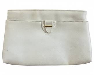 Vintage White Leather Clutch with Gold-Tone Bar Detail
