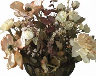 Vintage Green Pressed Glass Pedestal Bowl with Dried-Style Artificial Floral Arrangement