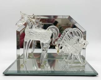 Vintage Spun Glass Horse and Sleigh Figurine on Mirrored Base