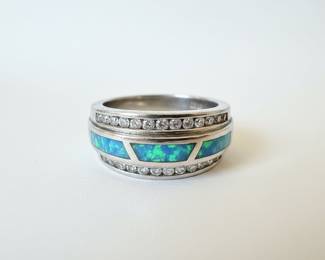 Sterling Silver Blue Opal and Cubic Zirconia Inlay Ring