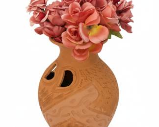 Handcrafted Oaxacan Clay Vase with Geometric Cutouts and Relief Patterns