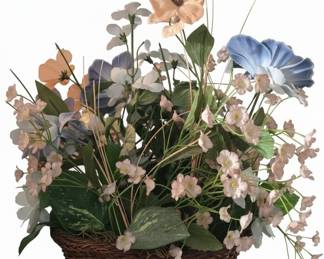 Artificial Floral Arrangement in Woven Basket with Peach, Blue, and Pink Flowers