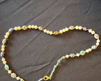 Vintage Cloisonné Bead and Faux Pearl Necklace