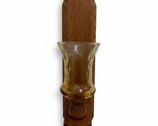 Vintage Amber Glass Hurricane Candle Sconce on Wooden Plaque