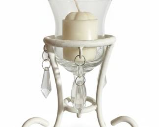 Vintage White Metal and Glass Hurricane Candle Holder with Teardrop Prisms