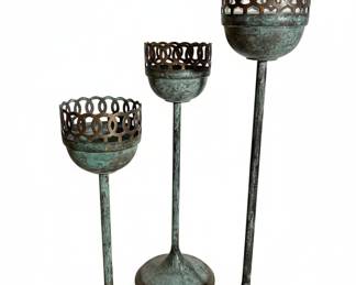 Vintage Verdigris Metal Pedestal Votive Holder Set