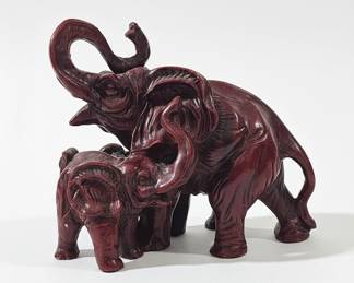 Vintage Red Resin Mother and Baby Elephant Figurine with Trunks Up