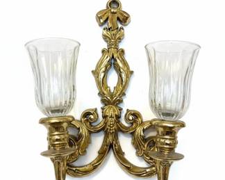 Vintage Hollywood Regency Brass Double-Arm Wall Sconce with Ribbed Glass Shades