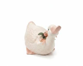 Vintage Ceramic Goose Figurine with Pink Bow and Floral Detail