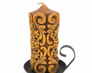 Ornate Hand-Carved Beeswax Pillar Candle with Floral Motifs
