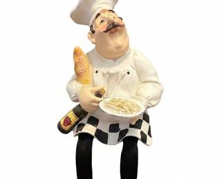Whimsical Resin Chef Figurine Holding Baguette and Pasta