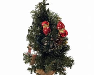 Vintage Lighted Tabletop Christmas Tree with Burlap Base and Ornaments