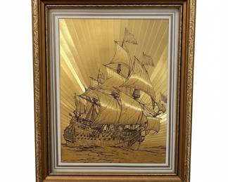 Vintage Gold Foil Sailing Ship Art by Dart Industries