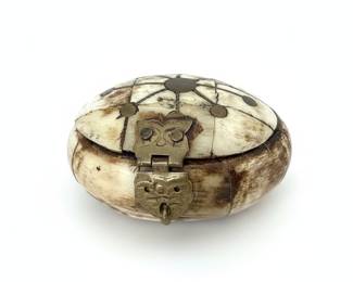 Vintage Indian Camel Bone and Brass Inlay Oval Trinket Box