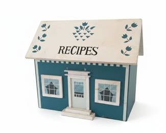 Vintage Wooden House-Shaped Recipe Box with Blue Tulip Motif