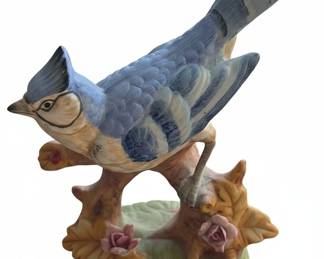 Vintage Porcelain Blue Jay Figurine on Floral Branch by Towle