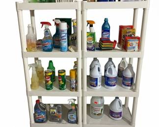 Assorted Household Cleaning Supplies and Two White Plastic Shelving Units