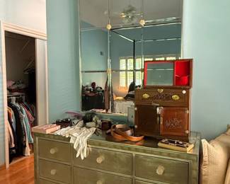 Hollywood Regency NineDrawer Mirrored Dresser and Wall Mirror Set third image