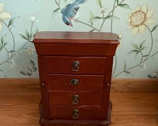 Vintage Wooden Jewelry Armoire Chest with Mirror and Necklace Doors