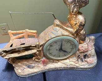 United Self Starting Tom Sawyer or Huck Finn Fisherman Figural Mantel Clock