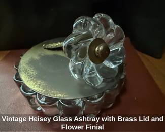 Vintage Heisey Glass Ashtray with Brass Lid and Flower Finial