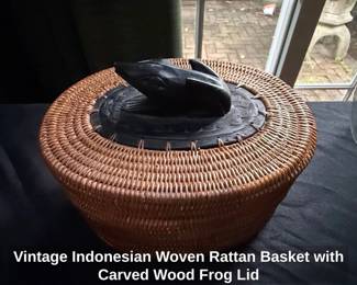 Vintage Indonesian Woven Rattan Basket with Carved Wood Frog Lid